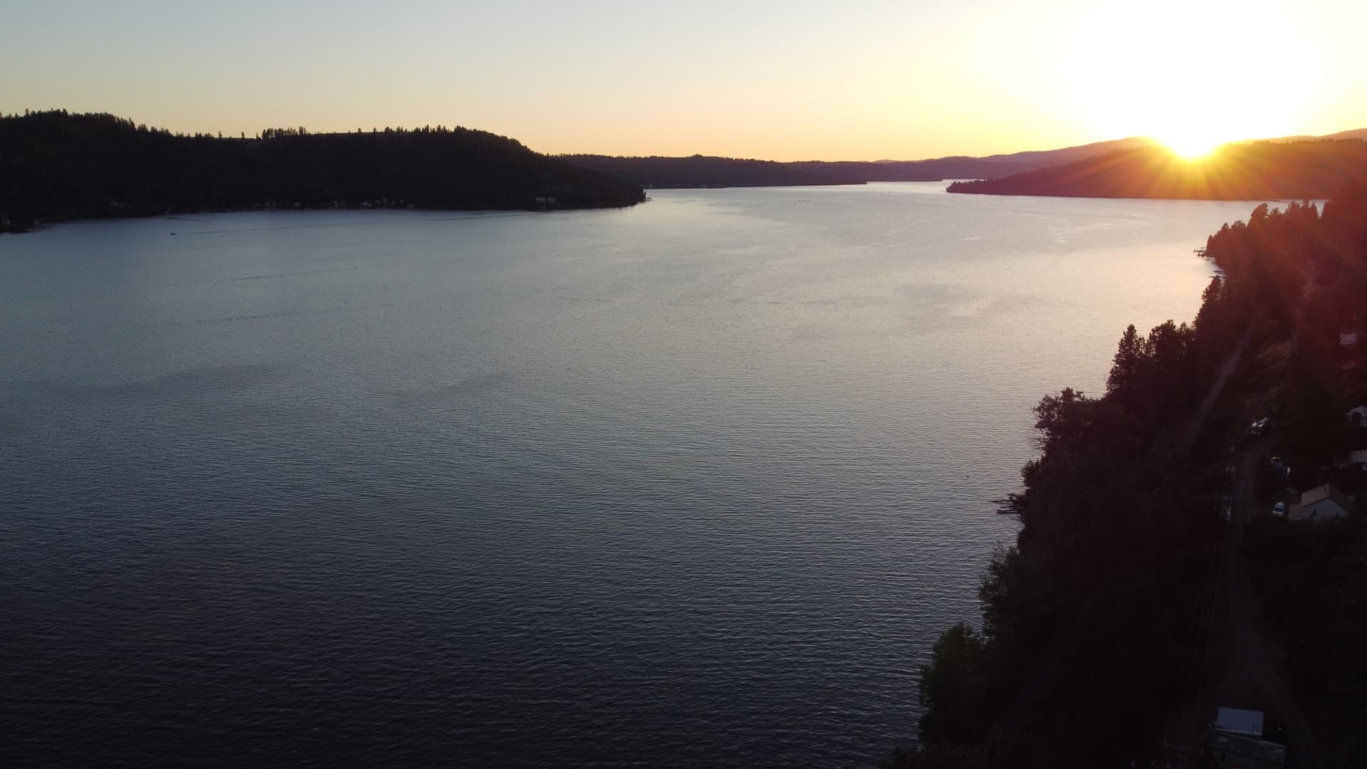 Drone sunset over Lake Coeur d'Alene from the bluffs