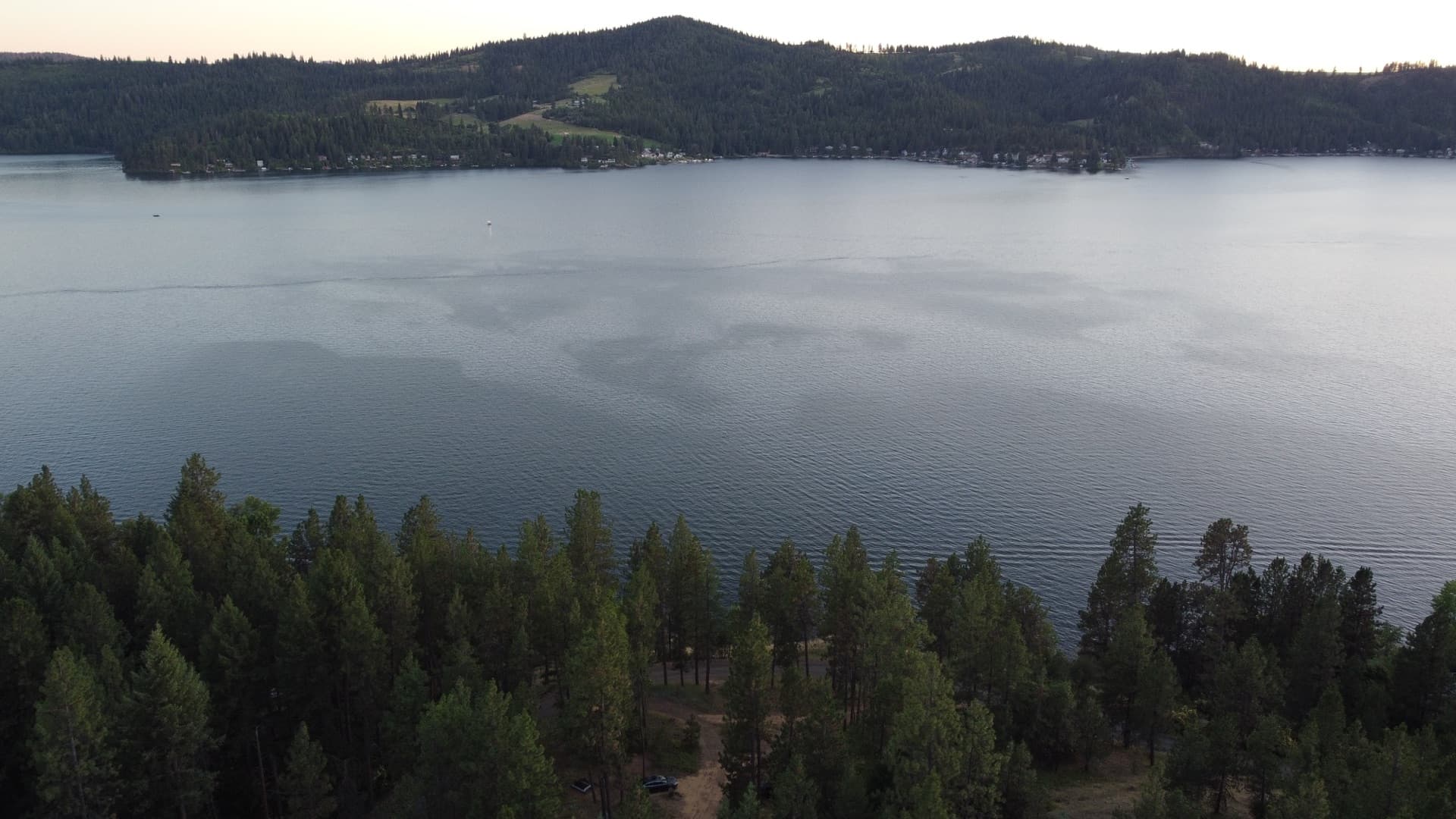 Panoramic aerial of Lake Coeur d'Alene from above the bluffs